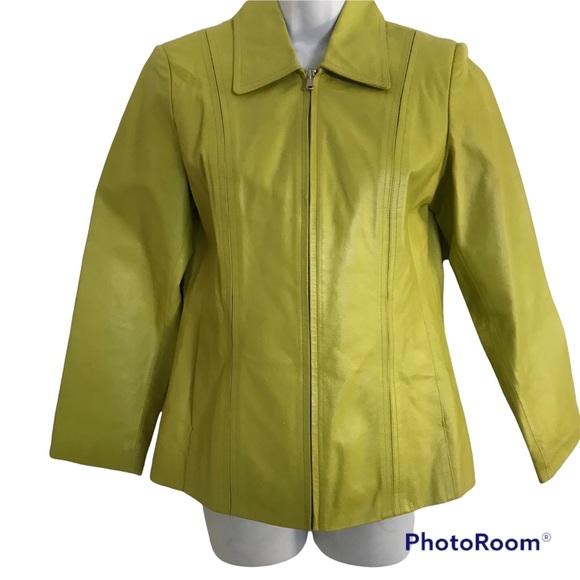 Leather Jacket Lime Green Zip front with Two Pockets Petite Small Worthington - Picture 14 of 14